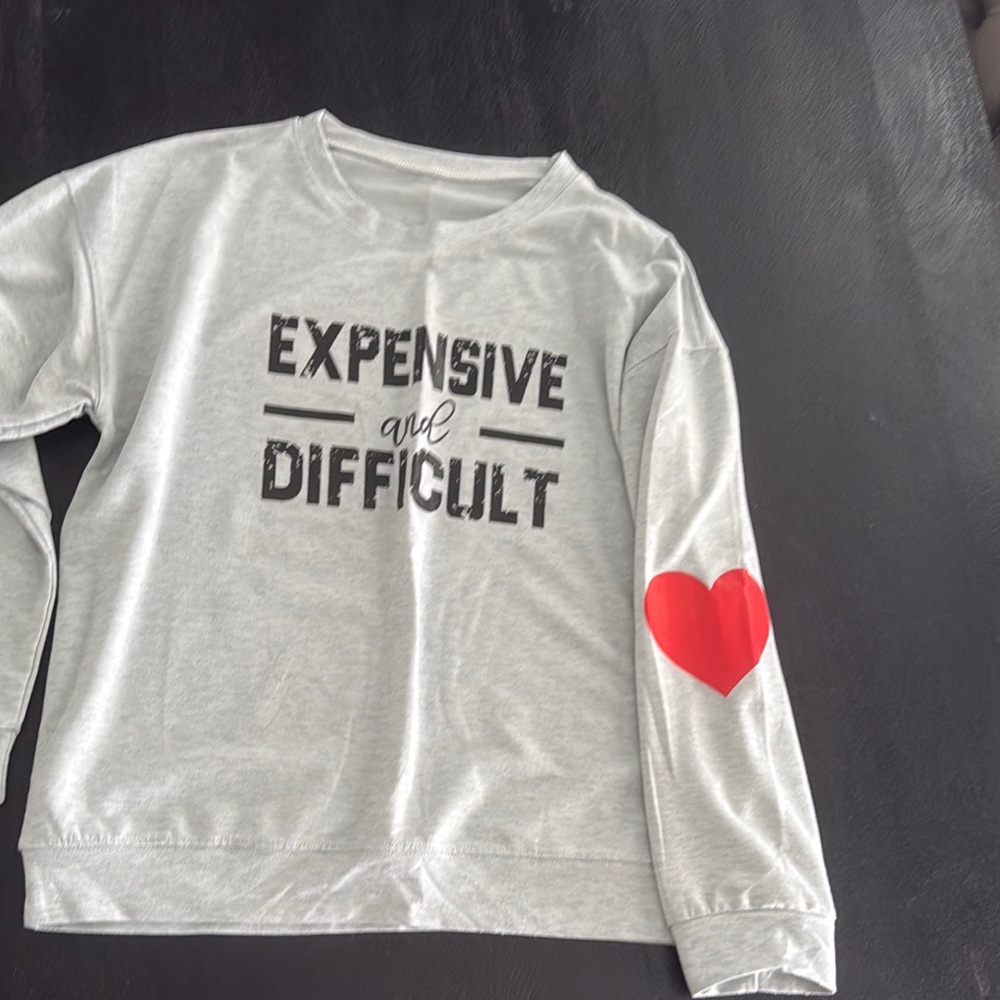 Gray Sweatshirt with Red Heart and Bold Text